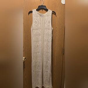 NWT Ophelia Roe Elegant Crochet Dress Beige Sleeveless Knit Maxi Dress Size S